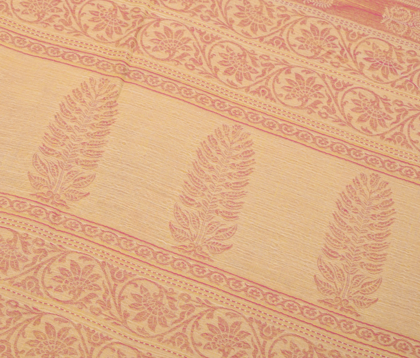 Sushila Vintage Yellow Magenta Saree Pure Cotton All Over Woven 5Yds Sari Fabric