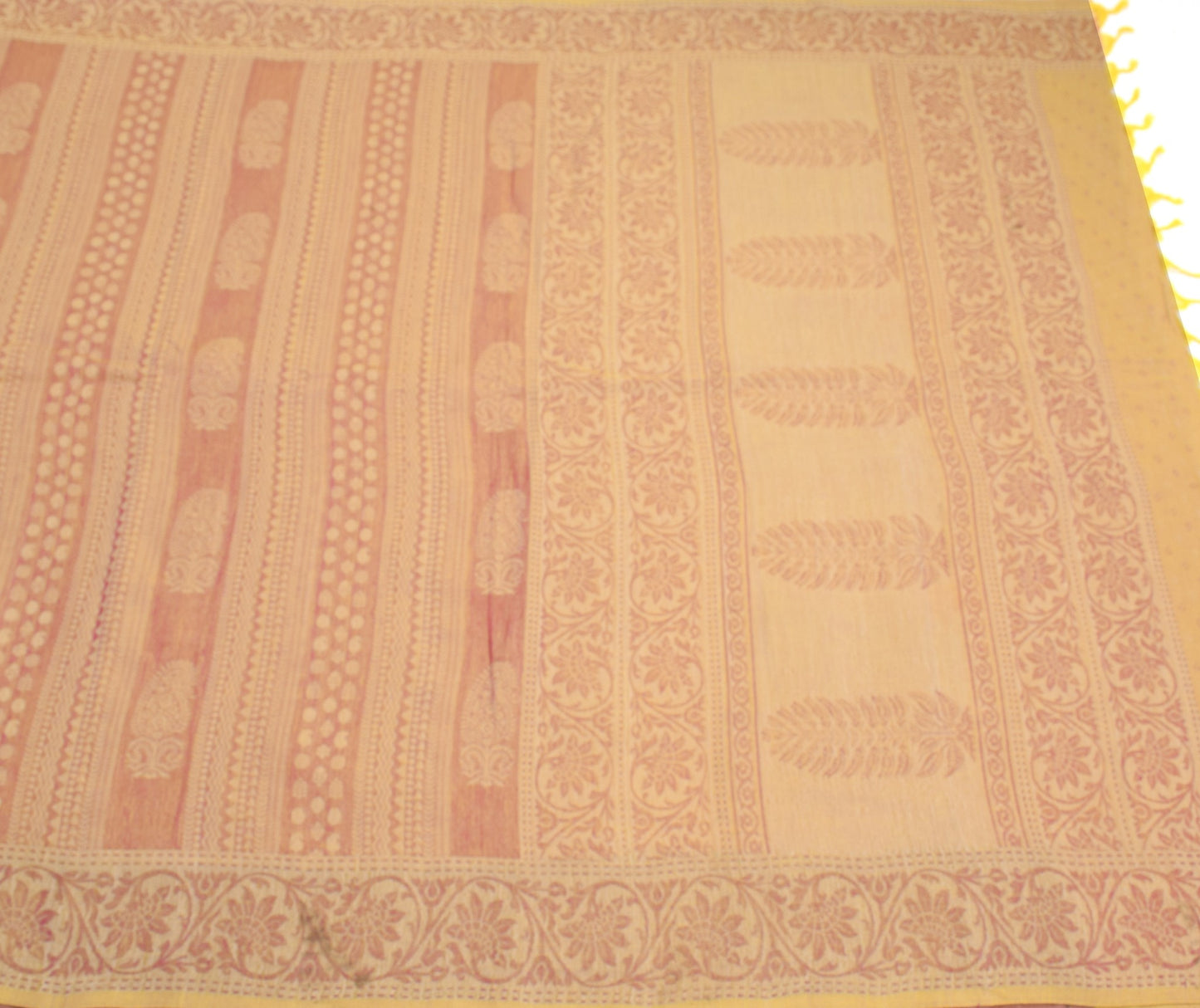 Sushila Vintage Yellow Magenta Saree Pure Cotton All Over Woven 5Yds Sari Fabric