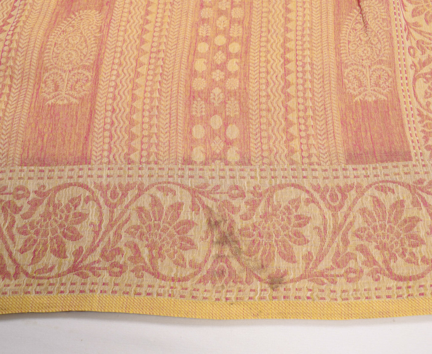 Sushila Vintage Yellow Magenta Saree Pure Cotton All Over Woven 5Yds Sari Fabric