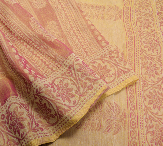 Sushila Vintage Yellow Magenta Saree Pure Cotton All Over Woven 5Yds Sari Fabric