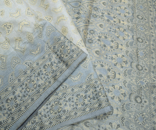 Sushila Vintage Gray Woven Saree 100% Pure Tussar Silk Indian Sari Craft Fabric