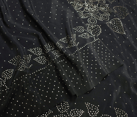 Sushila Vintage Mukesh Work Saree 100% Pure Crepe Silk Floral Black Sari Fabric
