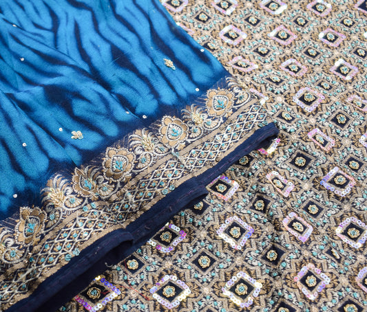 Sushila Vintage Blue Woven Saree Pure Georgette Hand Beaded Floral Sari Fabric