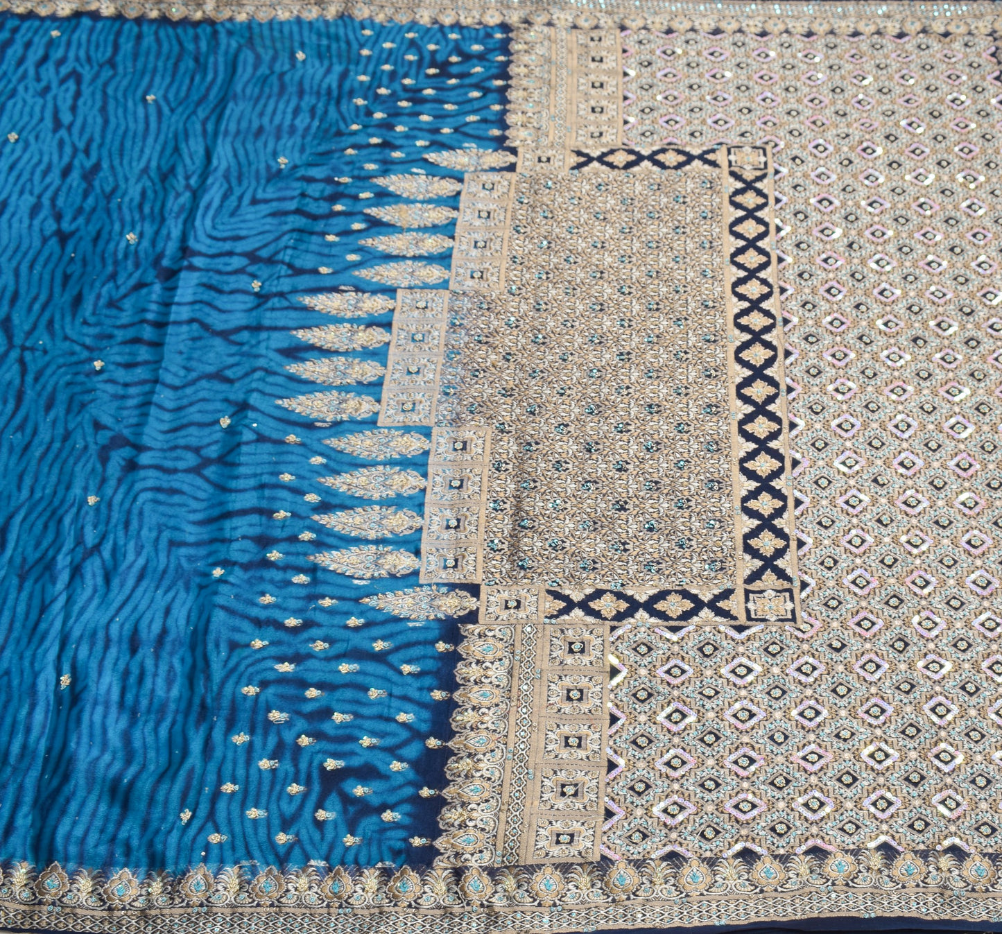 Sushila Vintage Blue Woven Saree Pure Georgette Hand Beaded Floral Sari Fabric