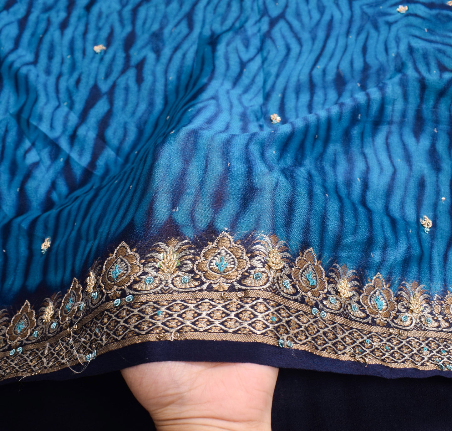 Sushila Vintage Blue Woven Saree Pure Georgette Hand Beaded Floral Sari Fabric
