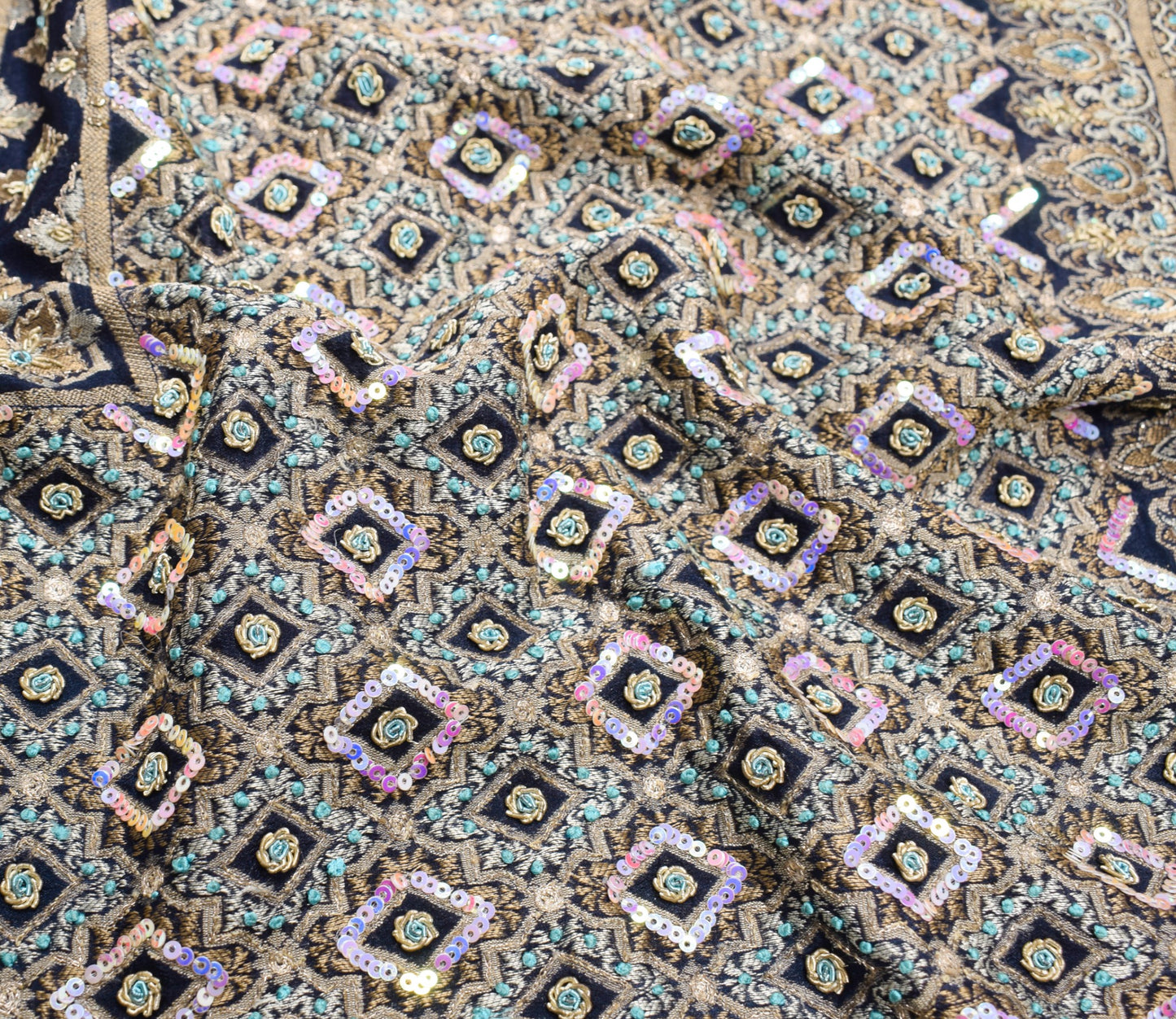 Sushila Vintage Blue Woven Saree Pure Georgette Hand Beaded Floral Sari Fabric