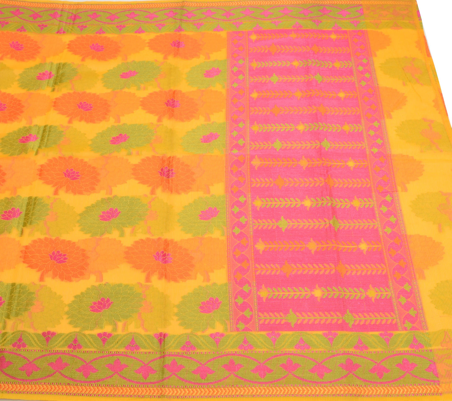Sushila Vintage Yellow Woven Saree Art Silk Floral Indian Women Sari 5YDS Fabric