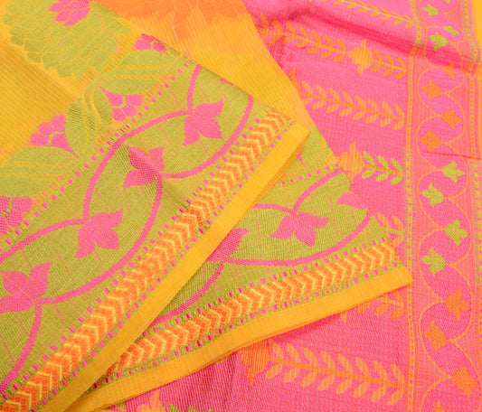 Sushila Vintage Yellow Woven Saree Art Silk Floral Indian Women Sari 5YDS Fabric