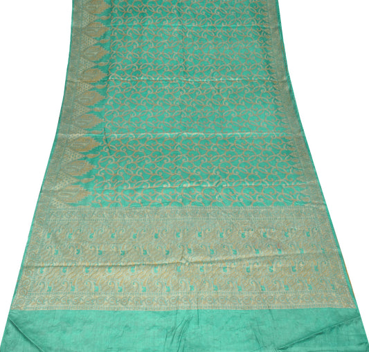 Sushila Vintage Turquoise Green Saree Pure Tussar Silk Paisley Woven Sari Fabric