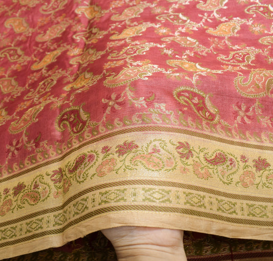 Sushila Vintage All Over Woven Saree 100%Pure Tussar Silk Maroon 5YD Sari Fabric