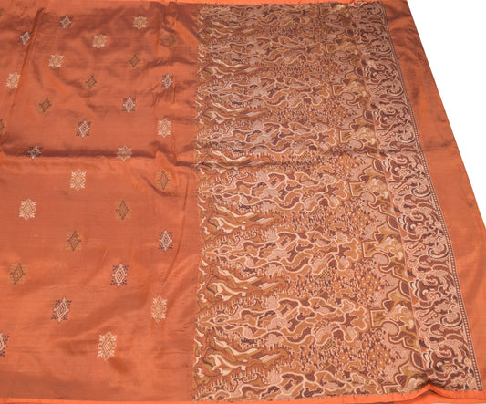Sushila Vintage Rust Hand Woven Saree Pure Silk Resham Motifs Sari 6 Yard Fabric