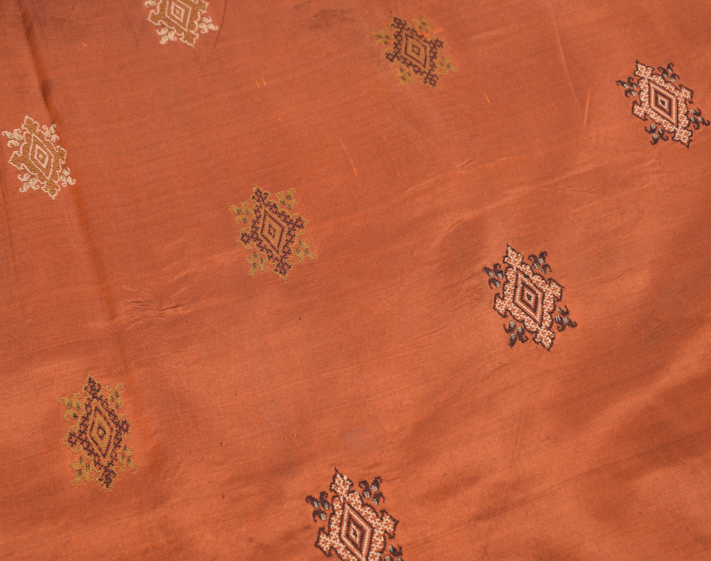 Sushila Vintage Rust Hand Woven Saree Pure Silk Resham Motifs Sari 6 Yard Fabric