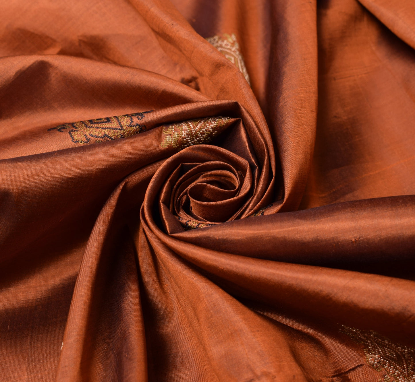 Sushila Vintage Rust Hand Woven Saree Pure Silk Resham Motifs Sari 6 Yard Fabric