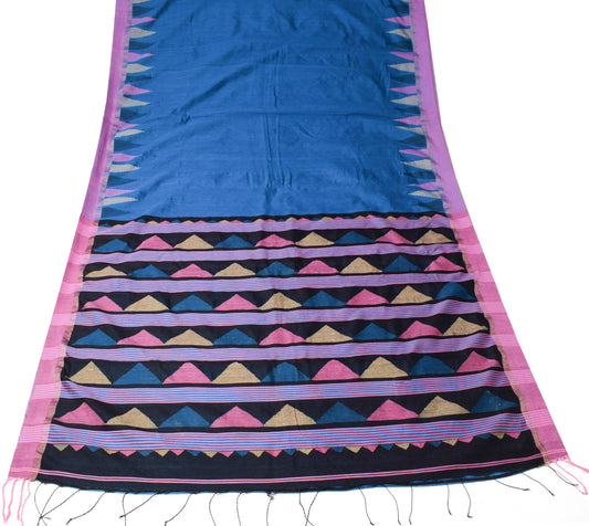 Sushila Vintage Turquoise Blue Saree Pure Cotton Silk Tant Woven 5YD Sari Fabric