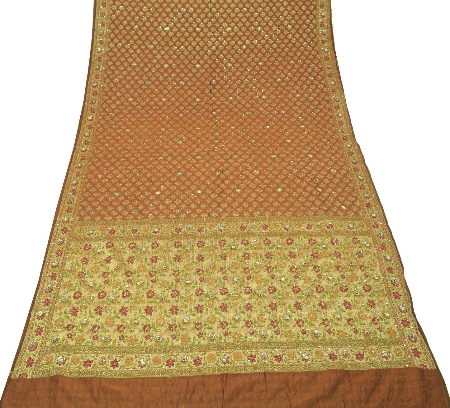 Sushila Vintage HEAVY Brown Saree 100% Pure Silk Woven & Hand Beaded Sari Fabric
