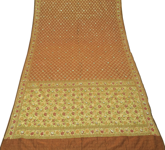 Sushila Vintage HEAVY Brown Saree 100% Pure Silk Woven & Hand Beaded Sari Fabric