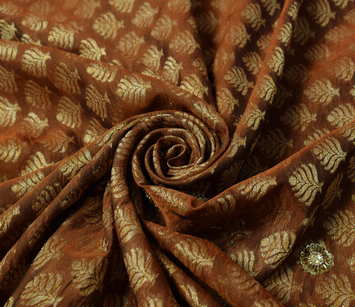 Sushila Vintage HEAVY Brown Saree 100% Pure Silk Woven & Hand Beaded Sari Fabric