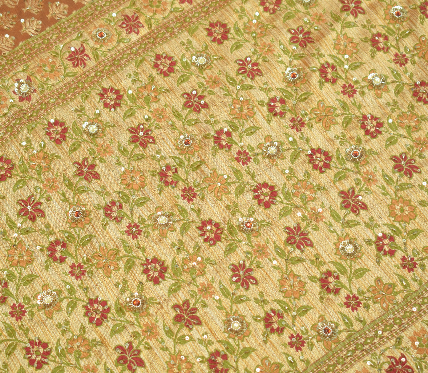 Sushila Vintage HEAVY Brown Saree 100% Pure Silk Woven & Hand Beaded Sari Fabric