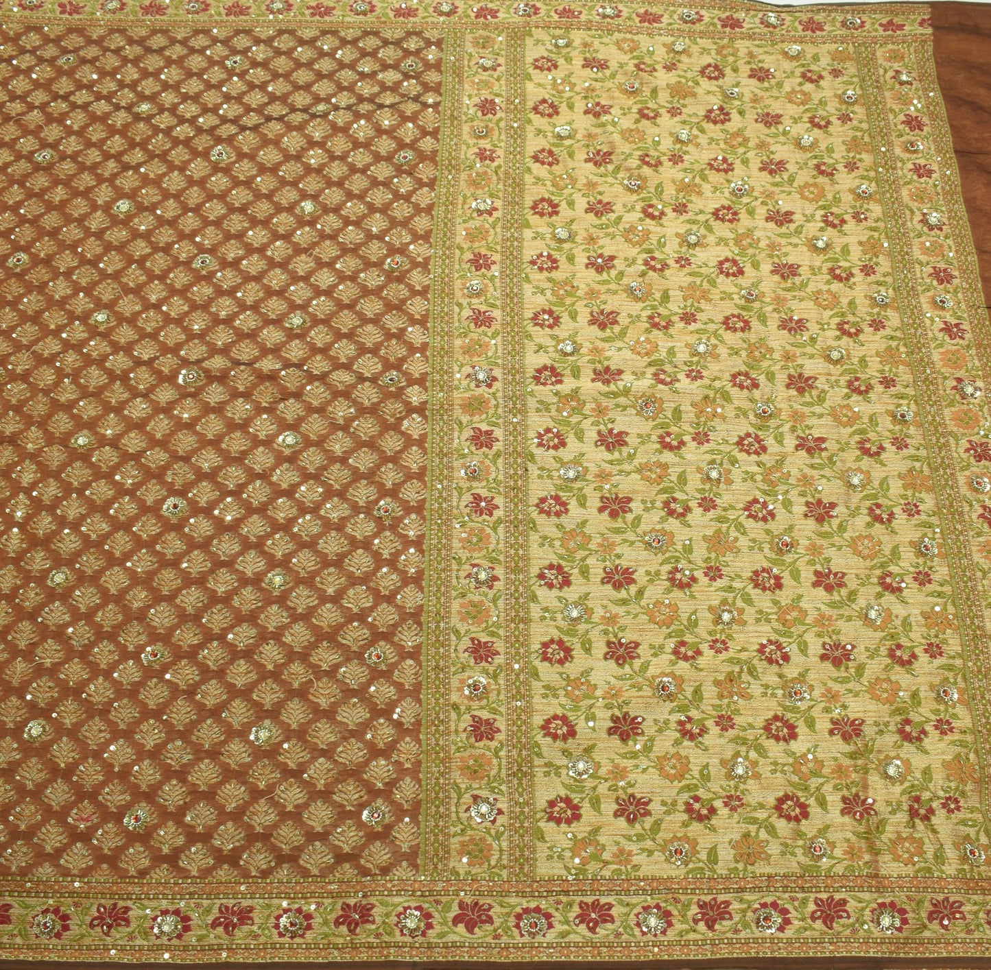 Sushila Vintage HEAVY Brown Saree 100% Pure Silk Woven & Hand Beaded Sari Fabric