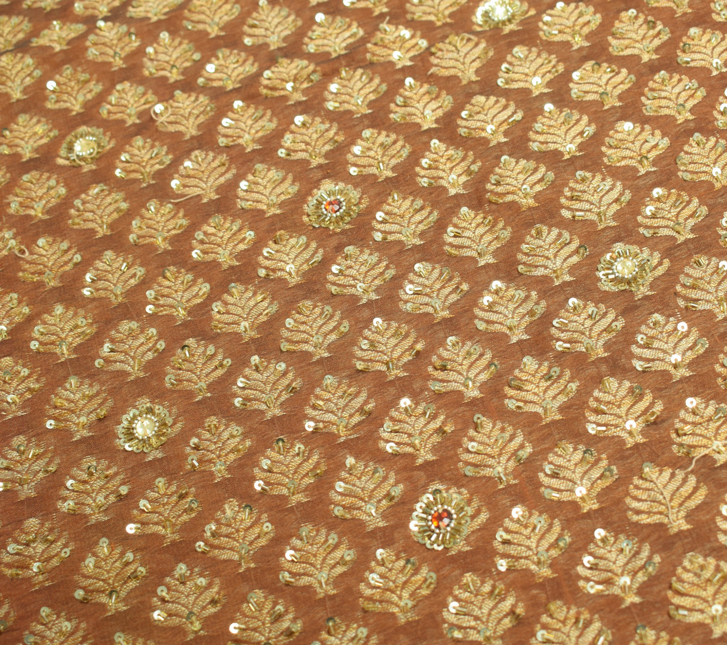 Sushila Vintage HEAVY Brown Saree 100% Pure Silk Woven & Hand Beaded Sari Fabric