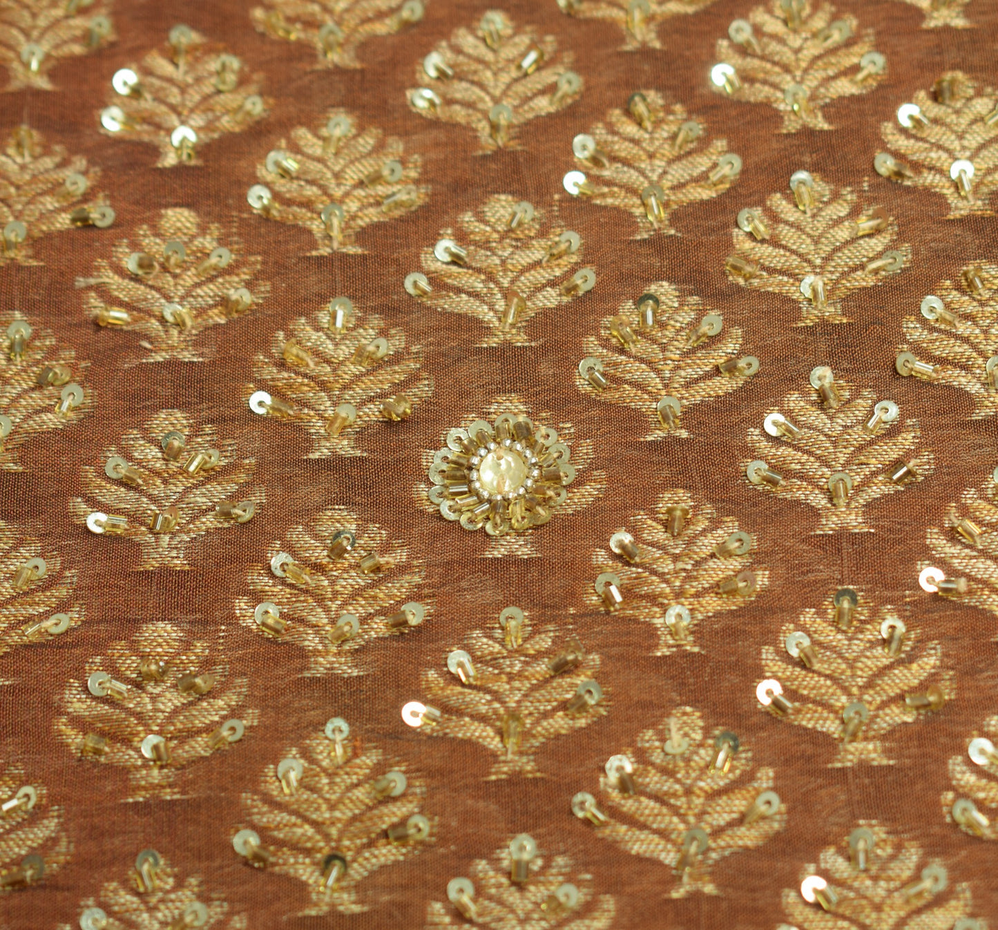 Sushila Vintage HEAVY Brown Saree 100% Pure Silk Woven & Hand Beaded Sari Fabric