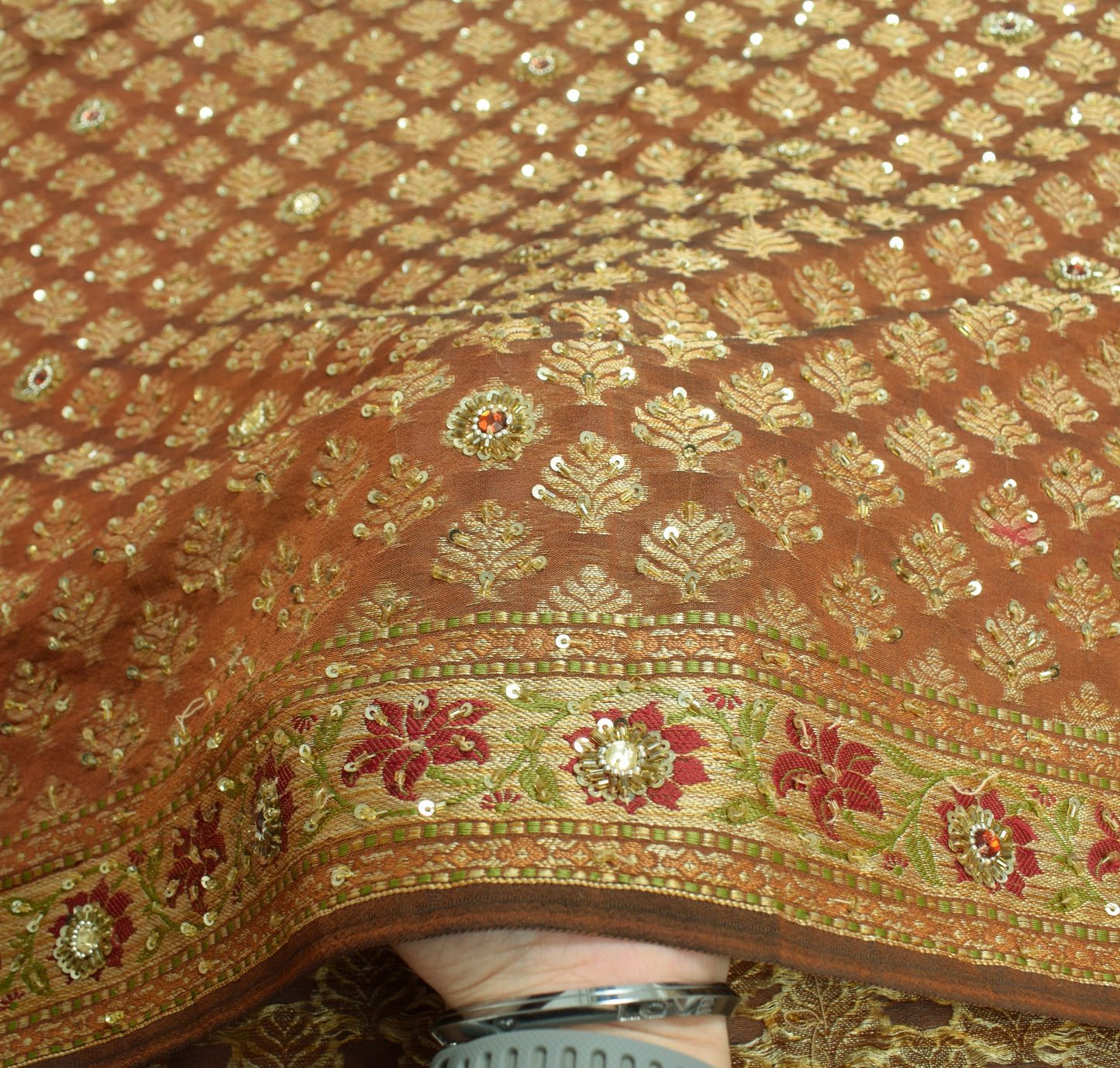 Sushila Vintage HEAVY Brown Saree 100% Pure Silk Woven & Hand Beaded Sari Fabric