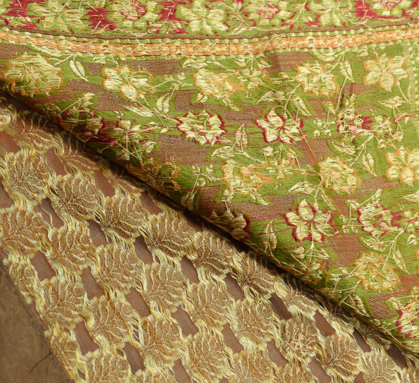 Sushila Vintage HEAVY Brown Saree 100% Pure Silk Woven & Hand Beaded Sari Fabric