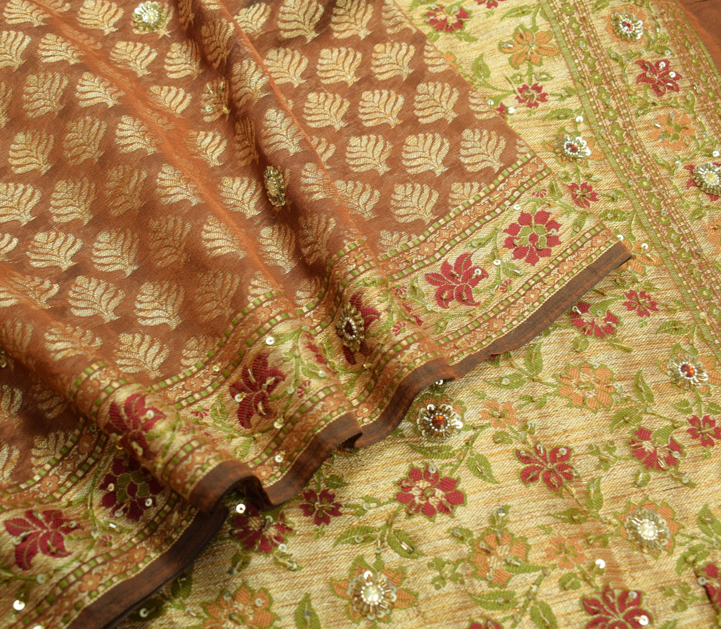 Sushila Vintage HEAVY Brown Saree 100% Pure Silk Woven & Hand Beaded Sari Fabric