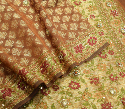 Sushila Vintage HEAVY Brown Saree 100% Pure Silk Woven & Hand Beaded Sari Fabric