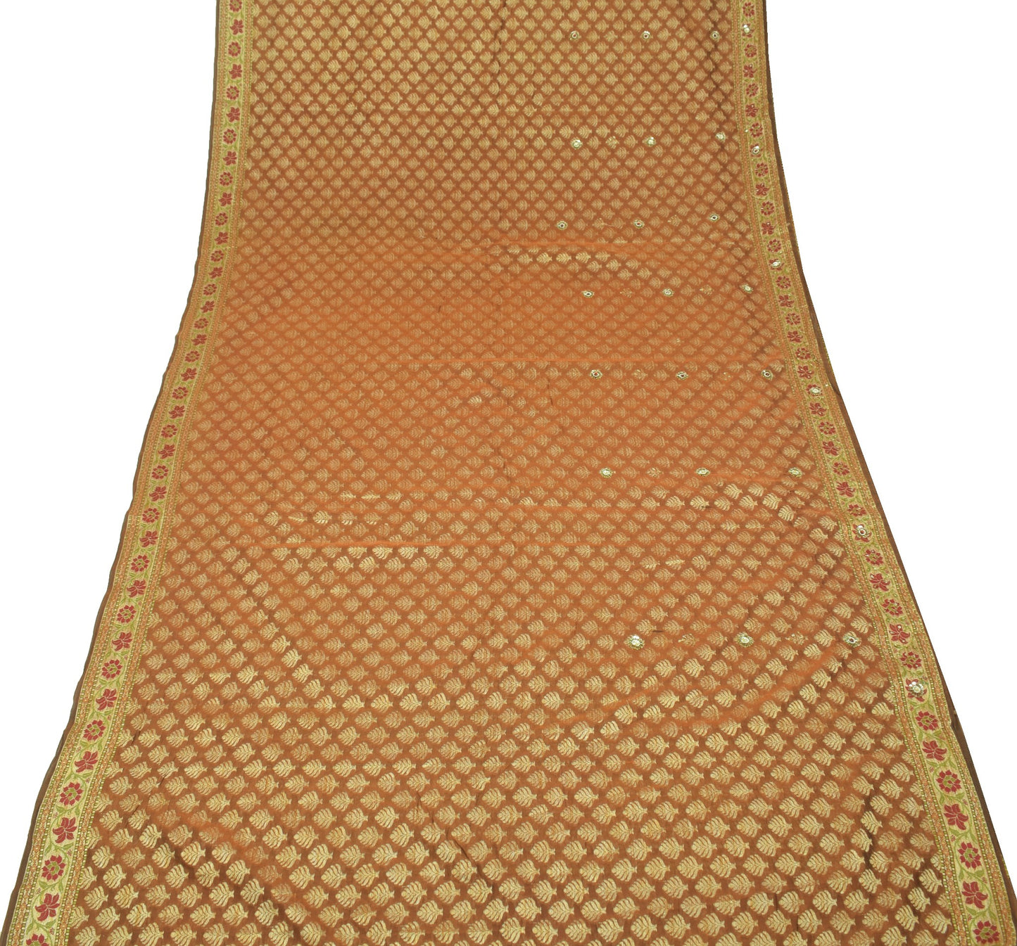 Sushila Vintage HEAVY Brown Saree 100% Pure Silk Woven & Hand Beaded Sari Fabric