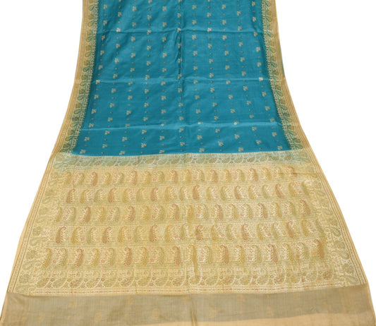 Sushila Vintage Teal Blue Saree 100% Pure Tussar Silk Woven Floral Sari Fabric