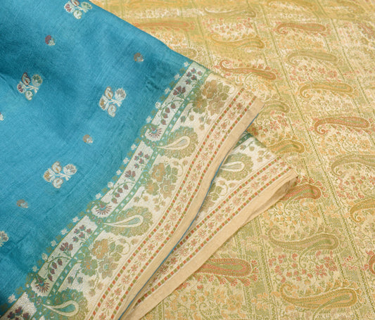 Sushila Vintage Teal Blue Saree 100% Pure Tussar Silk Woven Floral Sari Fabric