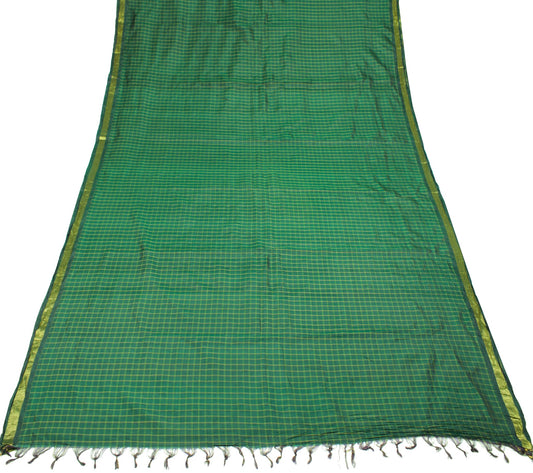 Sushila Vintage Dark Green Saree Pure Silk Checks Woven Zari Border Sari Fabric