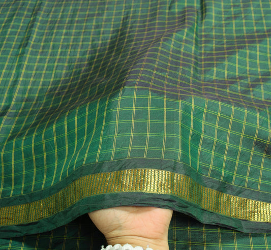 Sushila Vintage Dark Green Saree Pure Silk Checks Woven Zari Border Sari Fabric