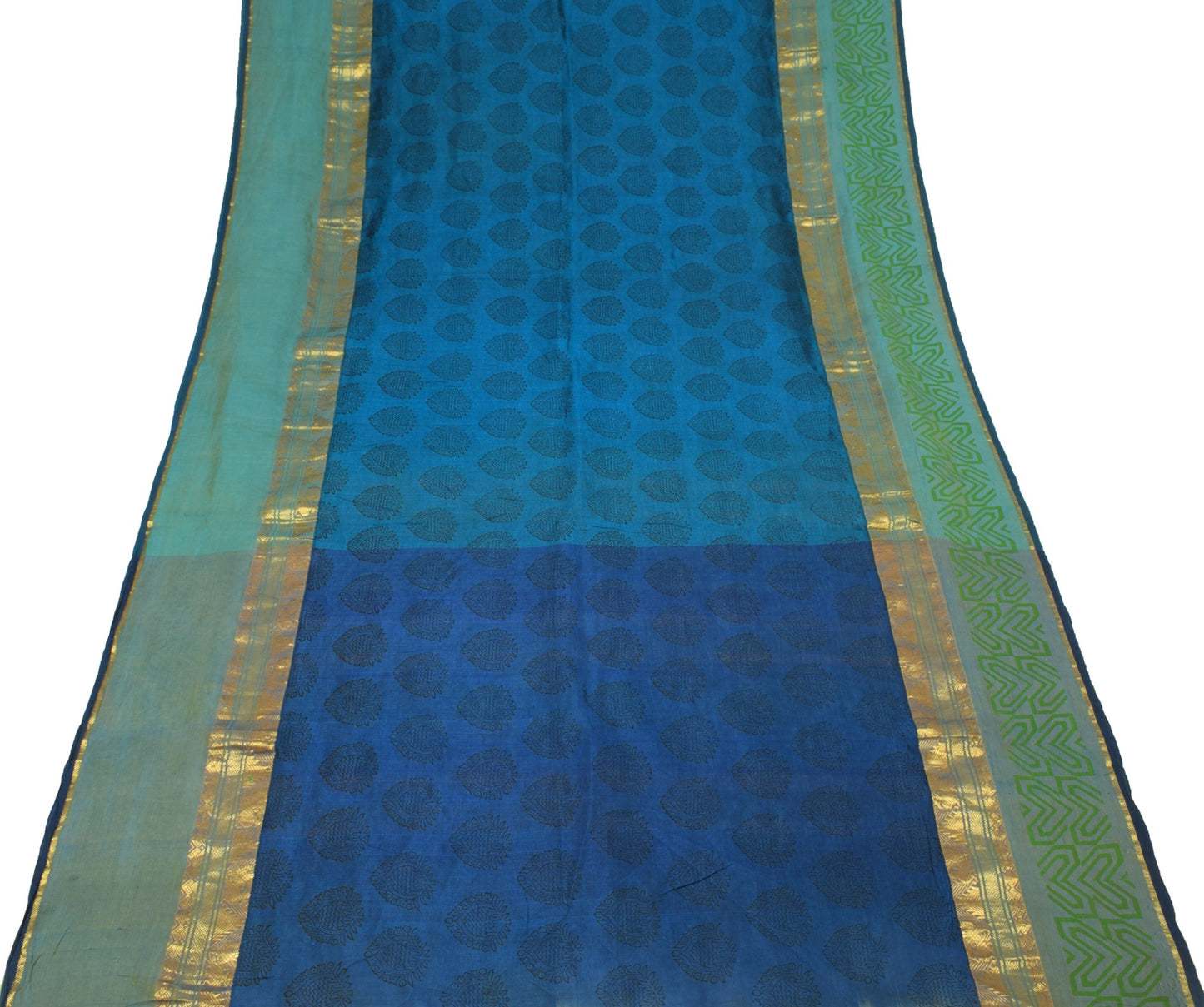 Sushila Vintage Blue Narayanpet Saree Hand Block & Woven Pure Cotton Sari Fabric