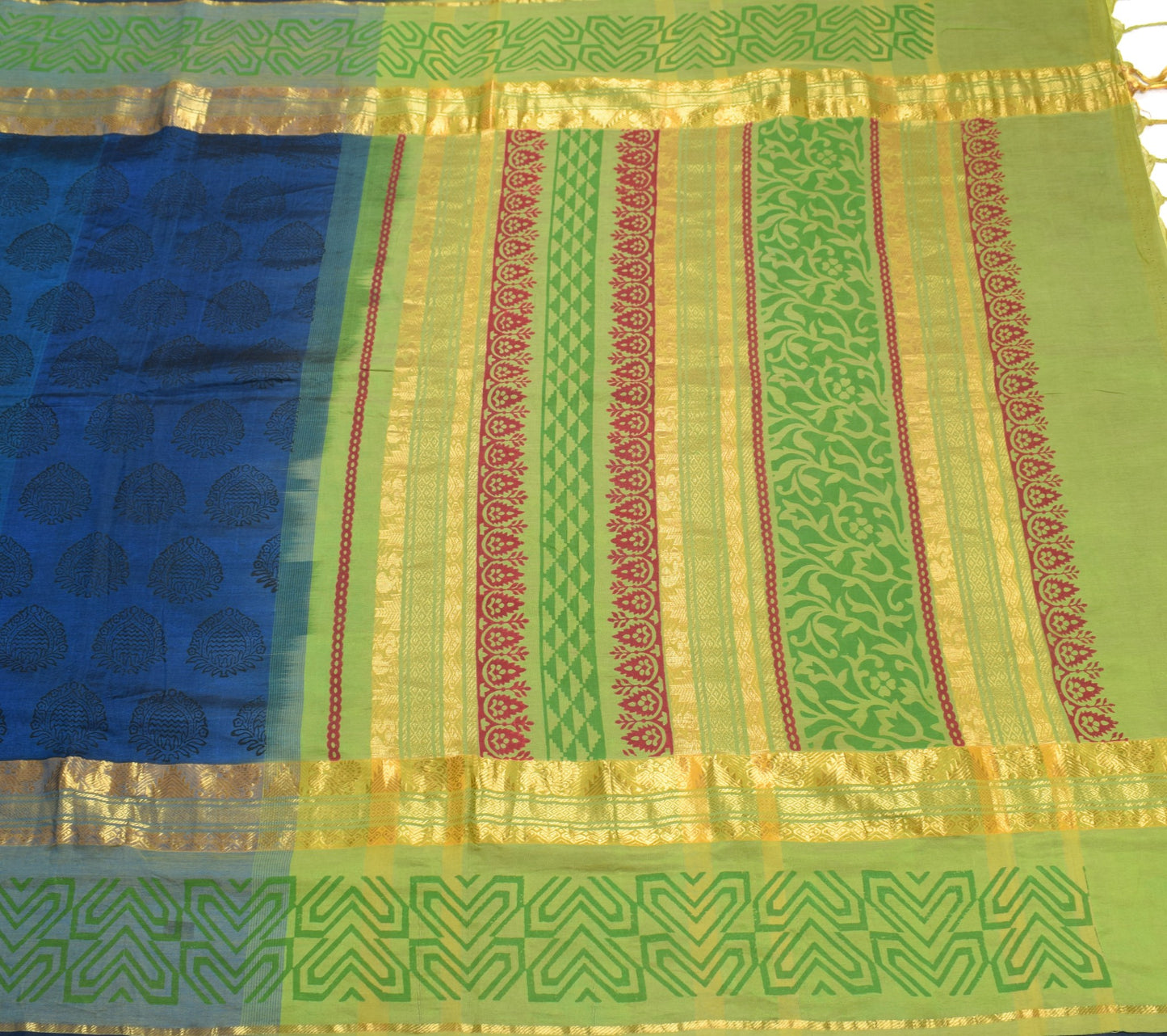Sushila Vintage Blue Narayanpet Saree Hand Block & Woven Pure Cotton Sari Fabric