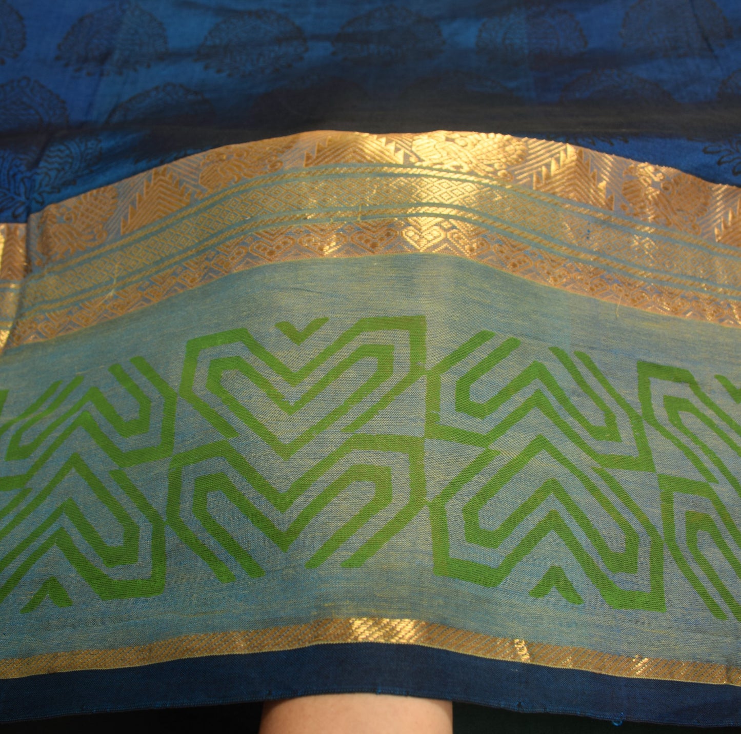 Sushila Vintage Blue Narayanpet Saree Hand Block & Woven Pure Cotton Sari Fabric