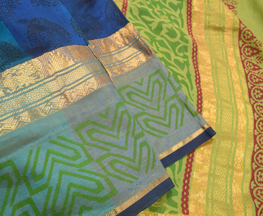 Sushila Vintage Blue Narayanpet Saree Hand Block & Woven Pure Cotton Sari Fabric