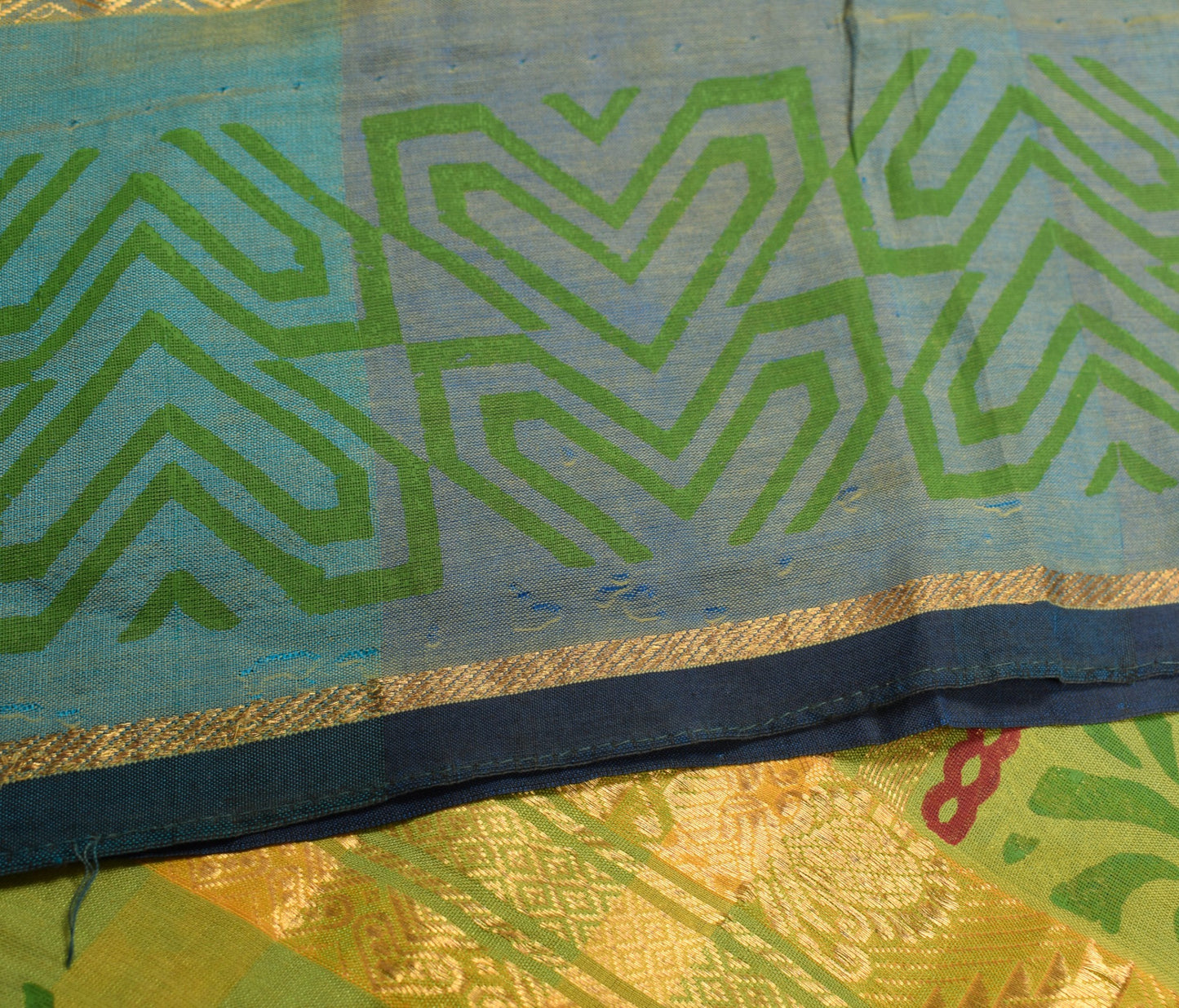Sushila Vintage Blue Narayanpet Saree Hand Block & Woven Pure Cotton Sari Fabric