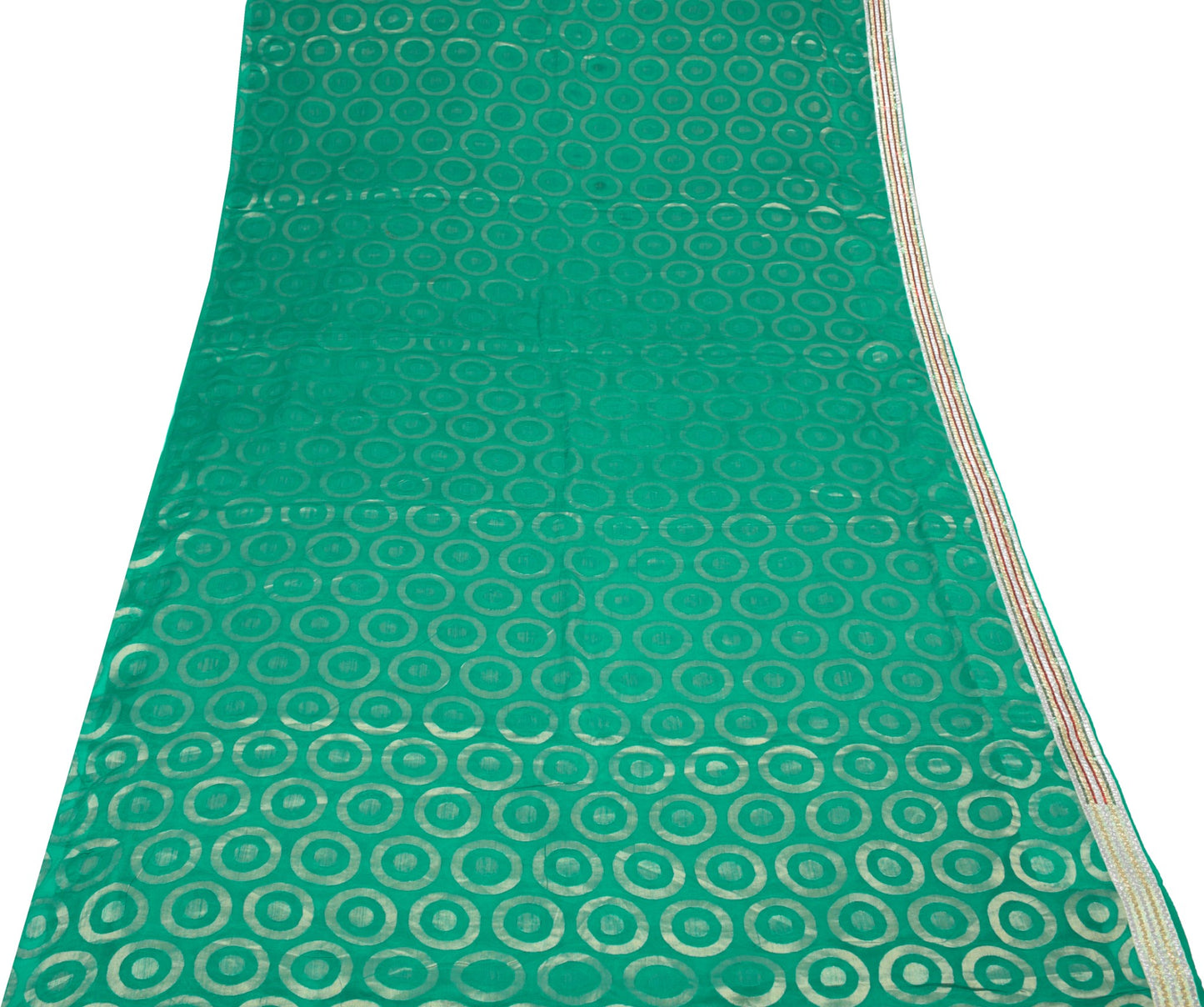 Sushila Vintage Teal Green Saree Pure Silk Woven Sequins Border 6YD Sari Fabric