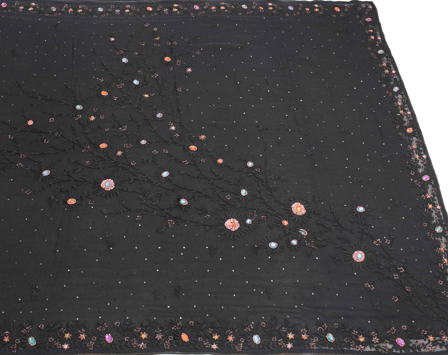 Sushila Vintage Black Classy Saree Pure Georgette Hand Embroidered Sari Fabric