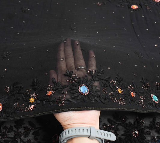 Sushila Vintage Black Classy Saree Pure Georgette Hand Embroidered Sari Fabric