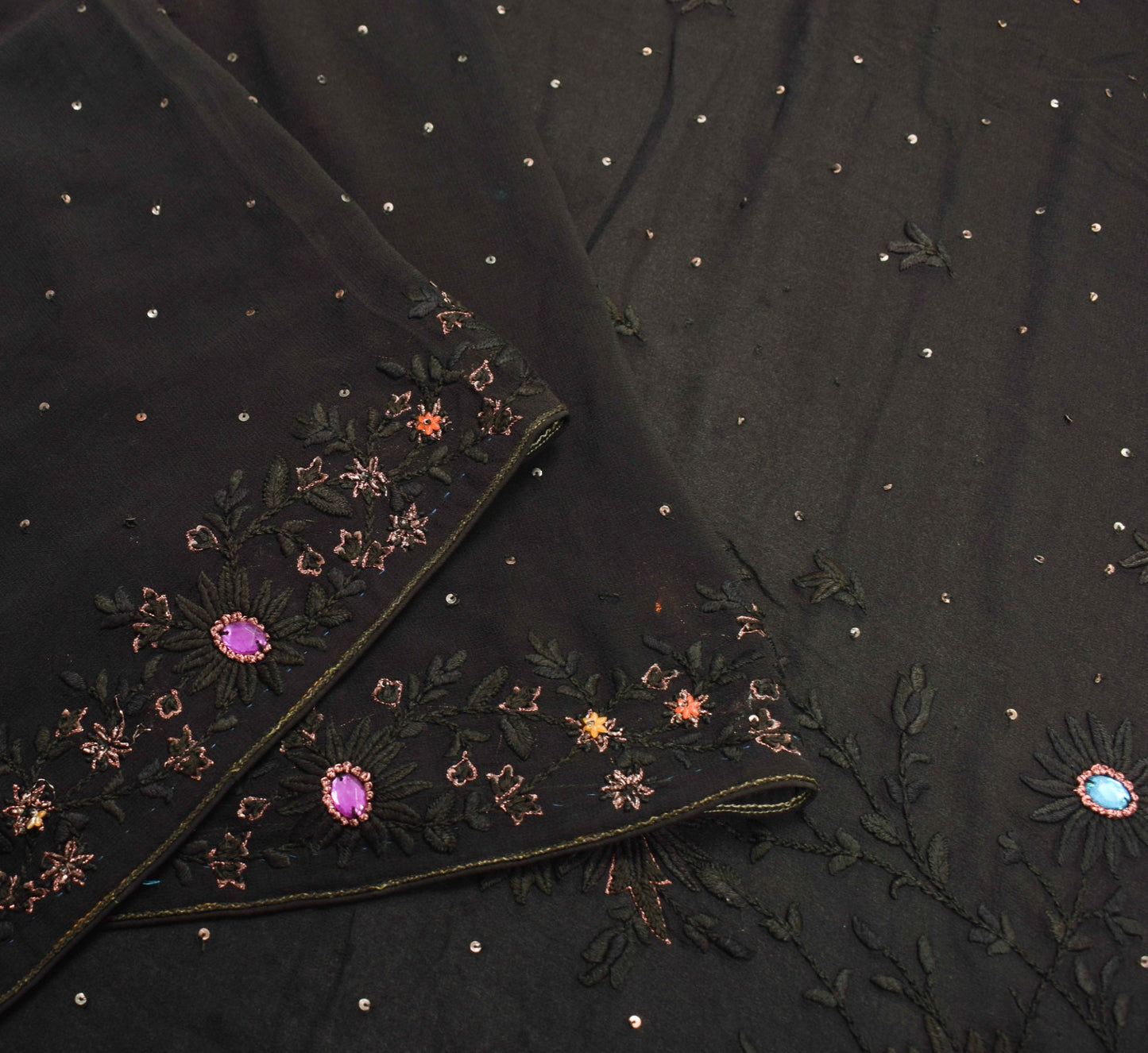 Sushila Vintage Black Classy Saree Pure Georgette Hand Embroidered Sari Fabric