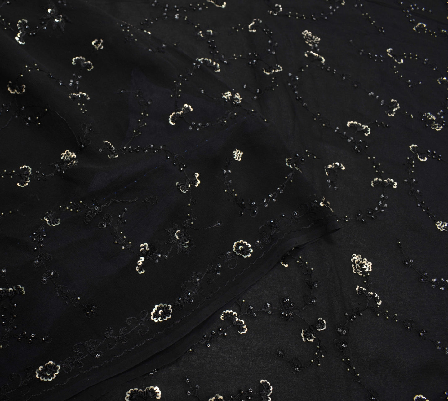 Sushila Vintage Black Bollywood Saree Pure Georgette Hand Embellish Sari Fabric