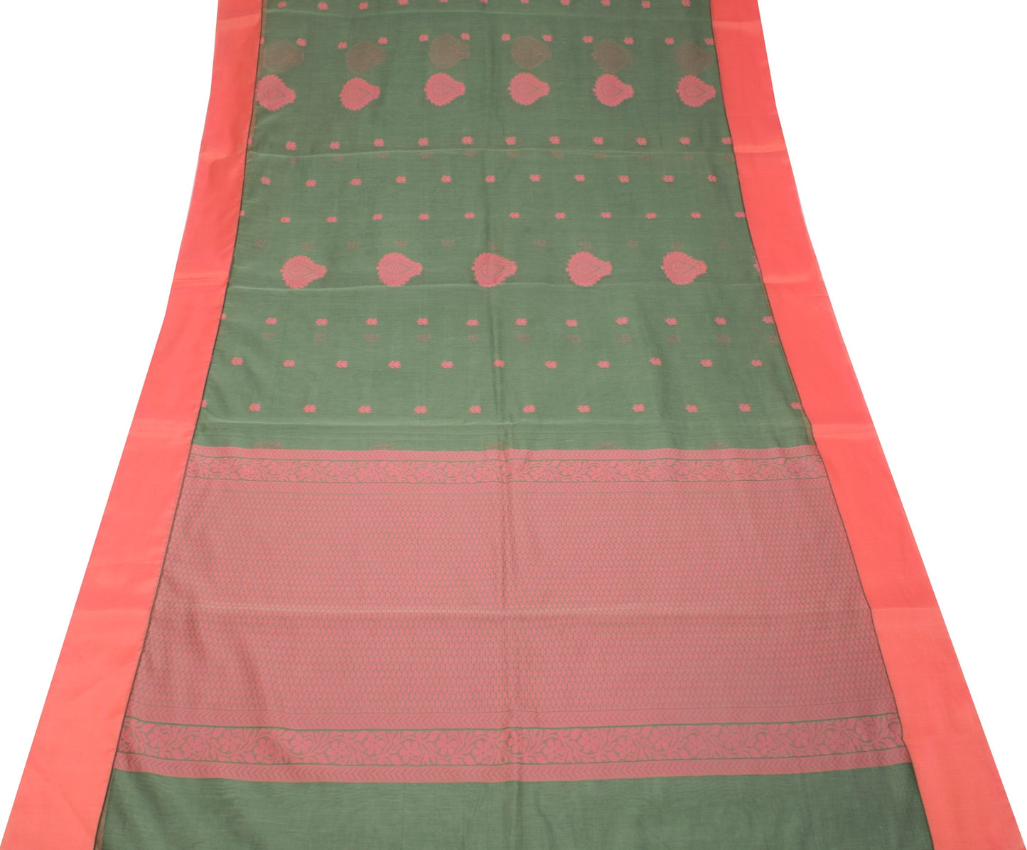 Sushila Vintage Green Saree with Pink Border Pure Cotton Woven Sari Craft Fabric