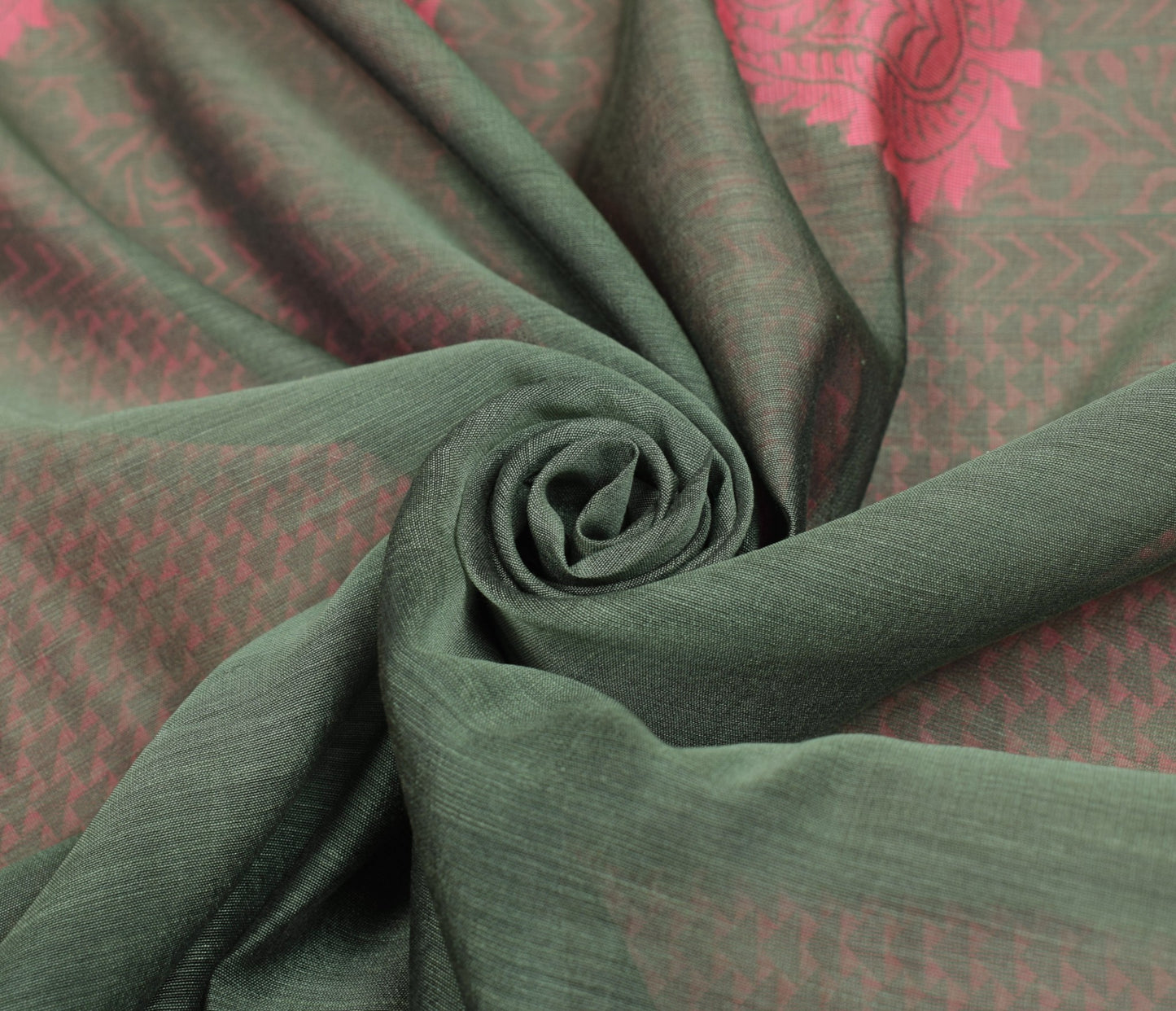 Sushila Vintage Green Saree with Pink Border Pure Cotton Woven Sari Craft Fabric