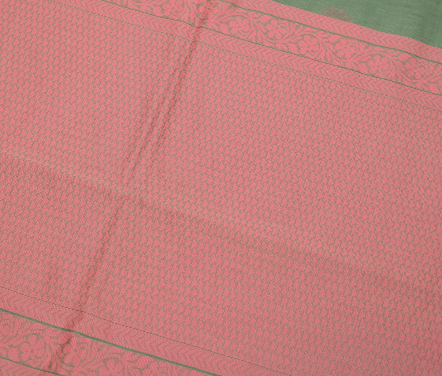 Sushila Vintage Green Saree with Pink Border Pure Cotton Woven Sari Craft Fabric