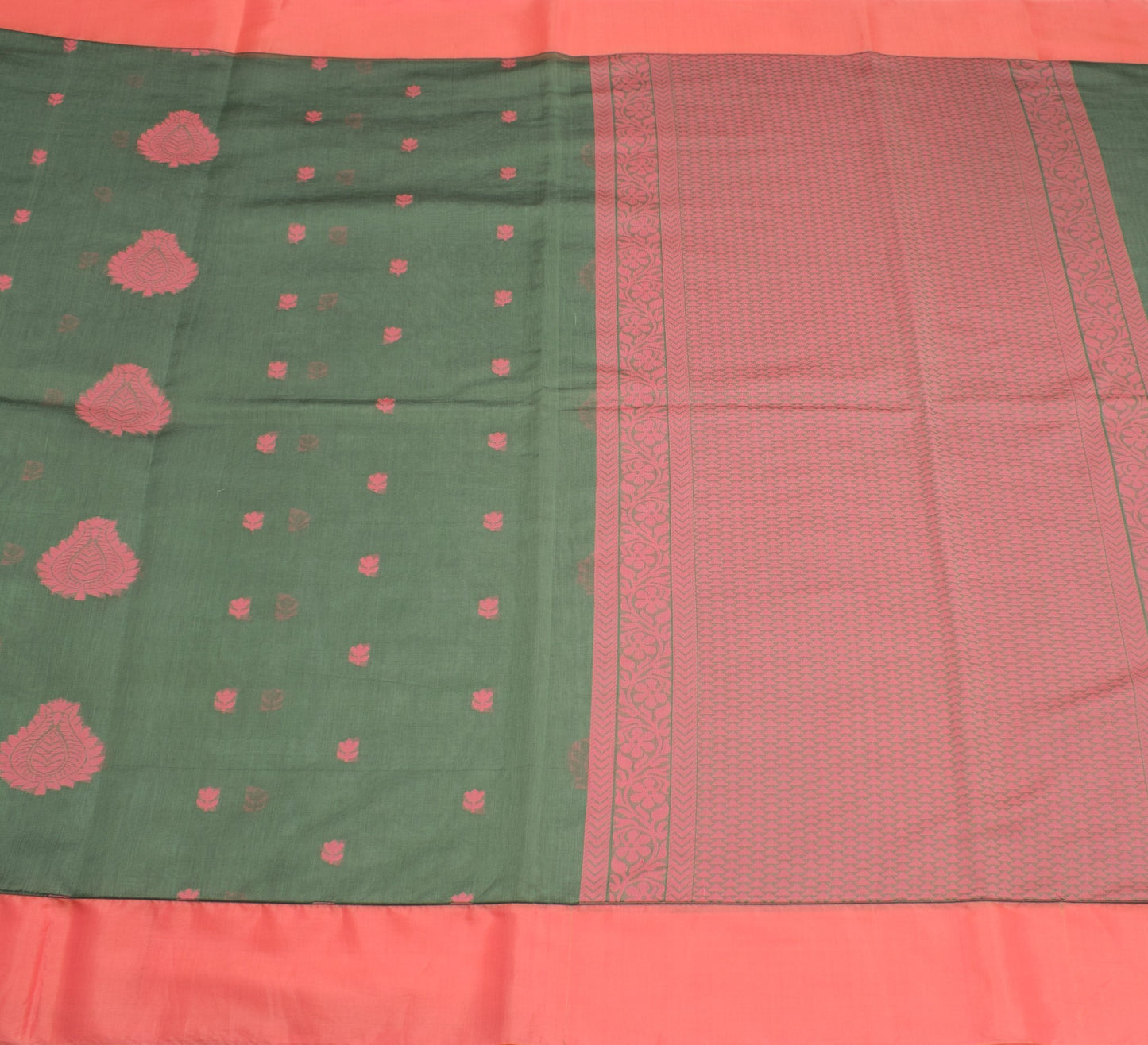 Sushila Vintage Green Saree with Pink Border Pure Cotton Woven Sari Craft Fabric