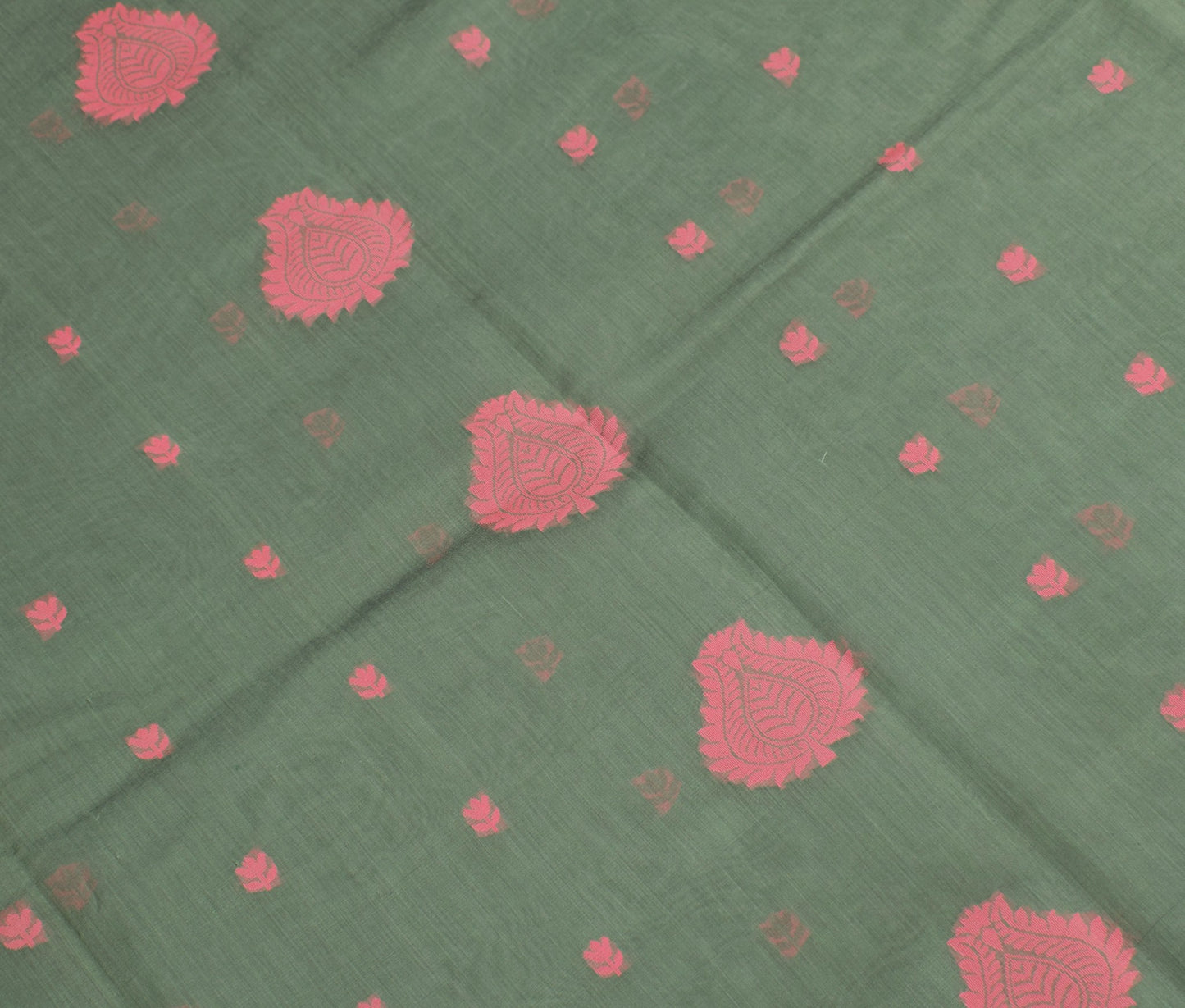 Sushila Vintage Green Saree with Pink Border Pure Cotton Woven Sari Craft Fabric