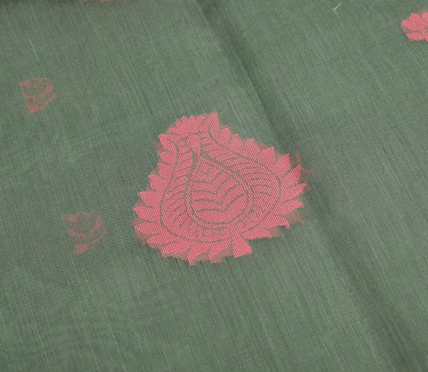 Sushila Vintage Green Saree with Pink Border Pure Cotton Woven Sari Craft Fabric